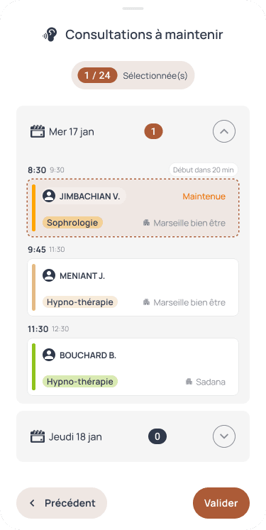 Gestion des créneaux sur mobile Terapee Pro