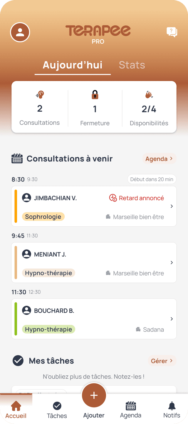 Agenda du jour sur mobile Terapee Pro