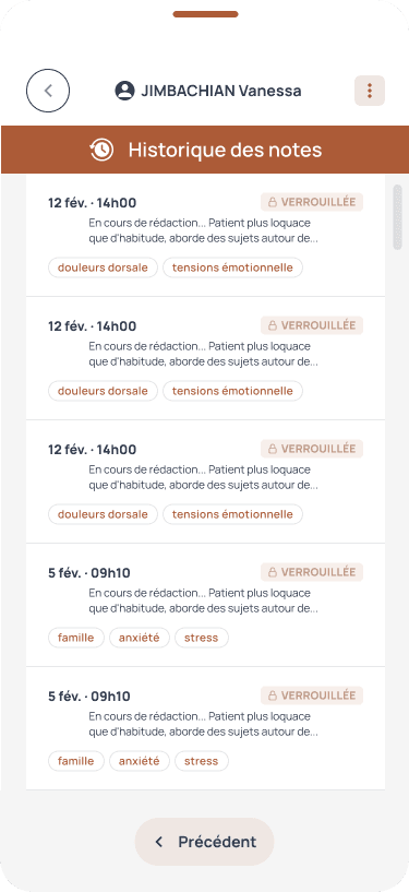 Notes de séance chiffrées sur mobile Terapee Pro
